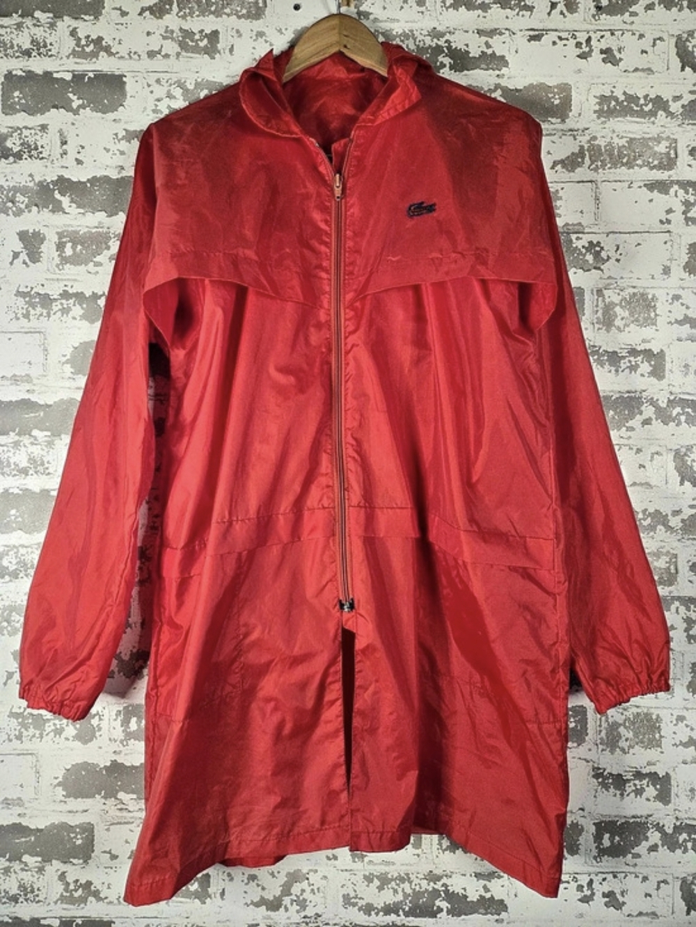 Vintage 70s 80s Alligator Lacoste Red Nylon Hooded Rain Jacket Windbreaker L